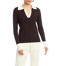 Karen Kane Ribbed Polo V-Neck Point Collar Long Sleeve Top