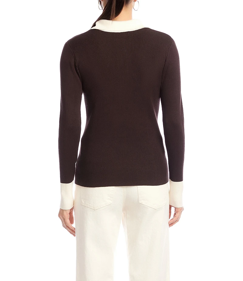 Karen Kane Ribbed Polo V-Neck Point Collar Long Sleeve Top