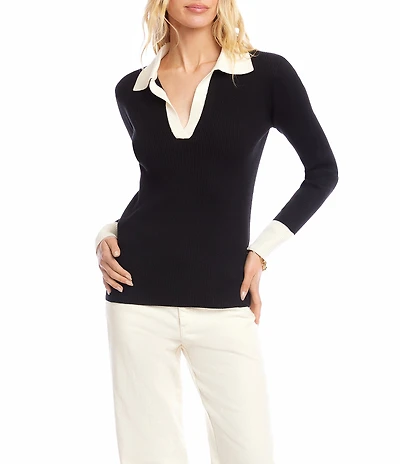 Karen Kane Ribbed Polo V-Neck Point Collar Long Sleeve Top