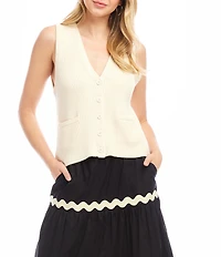 Karen Kane Ribbed V-Neck Sleeveless Button Front Vest