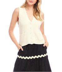 Karen Kane Ribbed V-Neck Sleeveless Button Front Vest