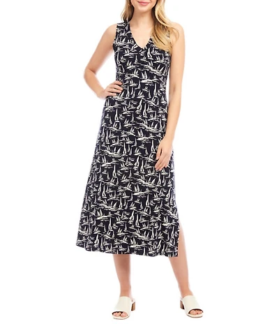 Karen Kane Sailboat Print V-Neck Sleeveless Midi Dress