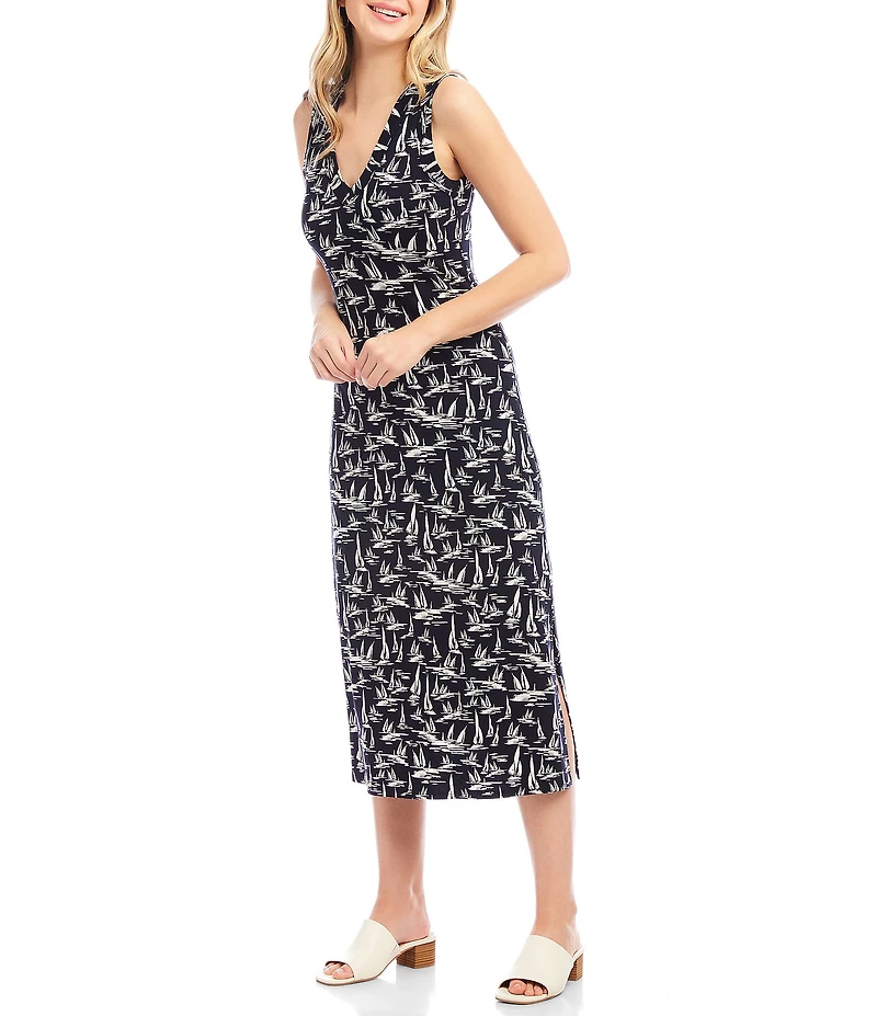 Karen Kane Sailboat Print V-Neck Sleeveless Midi Dress