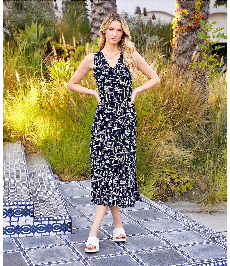 Karen Kane Sailboat Print V-Neck Sleeveless Midi Dress