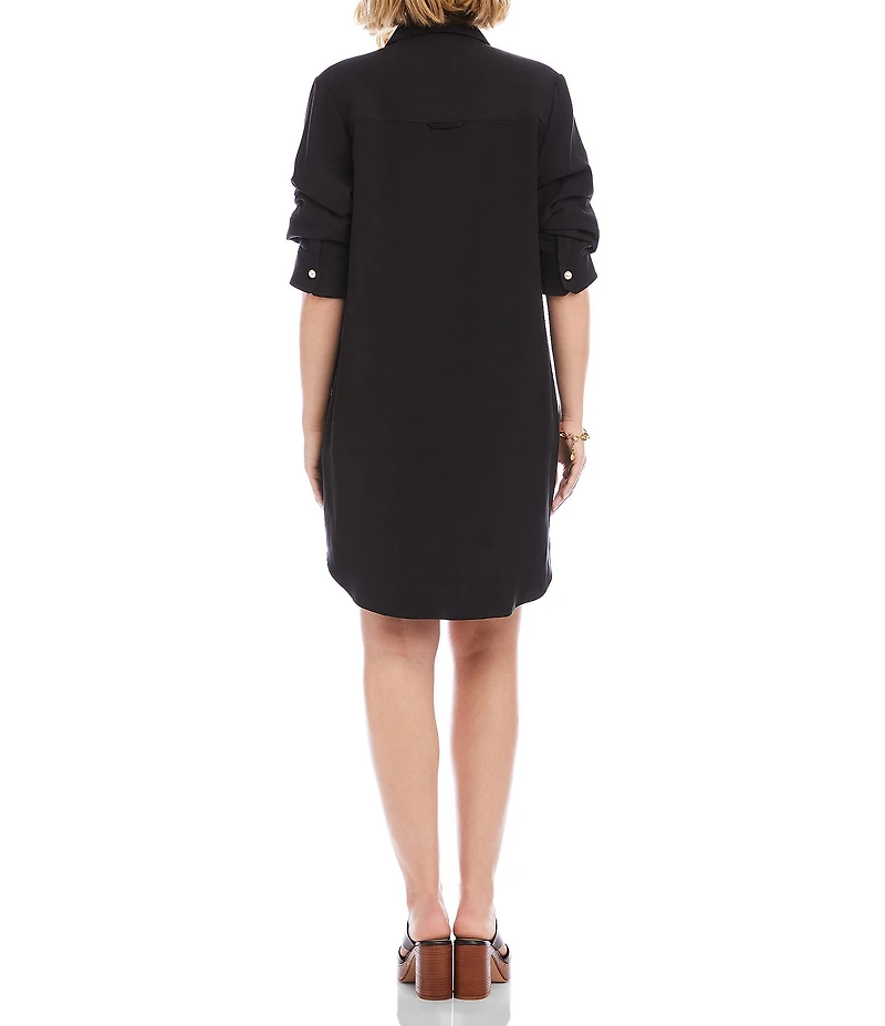 Karen Kane Sandwash Twill Point Collar 3/4 Ruched Sleeve Button-Front Shirt Dress