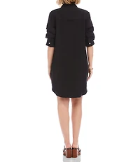Karen Kane Sandwash Twill Point Collar 3/4 Ruched Sleeve Button-Front Shirt Dress