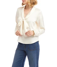 Karen Kane Satin Bow Tie Neck Long Sleeve Blouse
