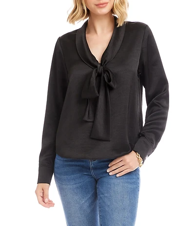Karen Kane Satin Bow Tie Neck Long Sleeve Blouse