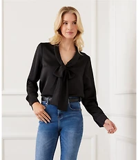Karen Kane Satin Bow Tie Neck Long Sleeve Blouse