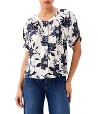 Karen Kane Satin Floral Scoop Neck Short Raglan Sleeve Button Front Shirt