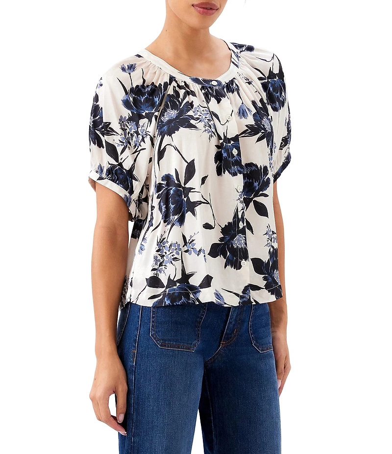 Karen Kane Satin Floral Scoop Neck Short Raglan Sleeve Button Front Shirt