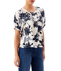 Karen Kane Satin Floral Scoop Neck Short Raglan Sleeve Button Front Shirt