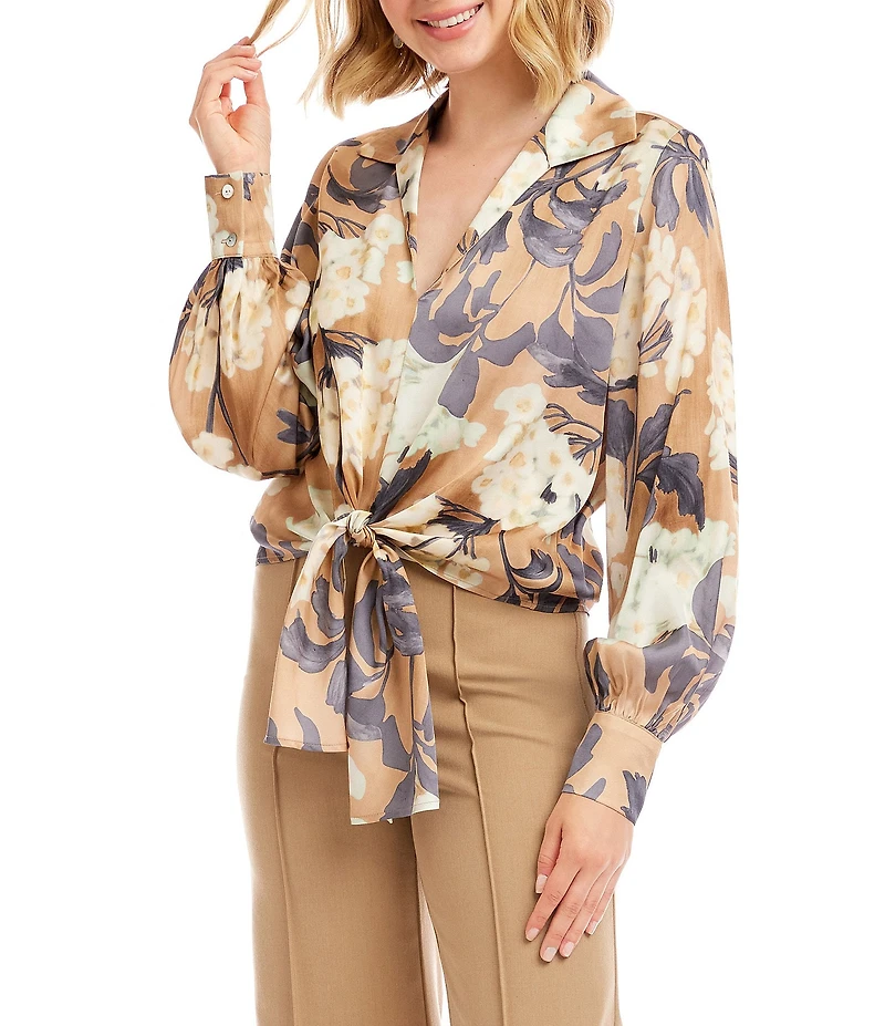 Karen Kane Satin Hydrangea Print Long Blouson Sleeve Tie-Front Top