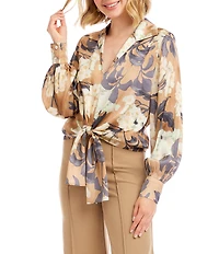 Karen Kane Satin Hydrangea Print Long Blouson Sleeve Tie-Front Top