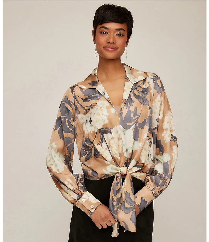 Karen Kane Satin Hydrangea Print Long Blouson Sleeve Tie-Front Top