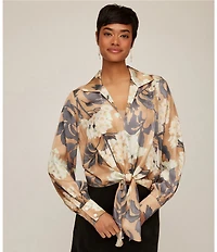Karen Kane Satin Hydrangea Print Long Blouson Sleeve Tie-Front Top