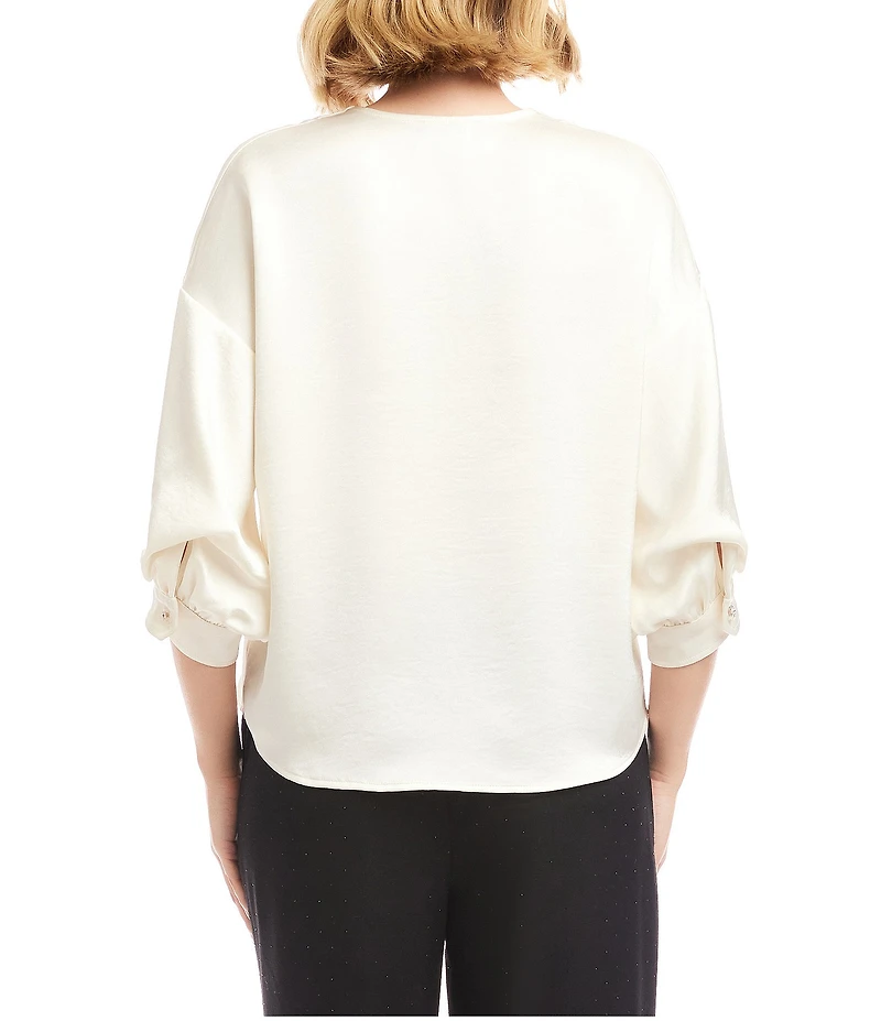 Karen Kane Satin V-Neck 3/4 Lantern Sleeve Rhinestone Button Front Top