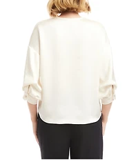 Karen Kane Satin V-Neck 3/4 Lantern Sleeve Rhinestone Button Front Top