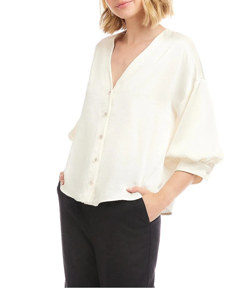 Karen Kane Satin V-Neck 3/4 Lantern Sleeve Rhinestone Button Front Top