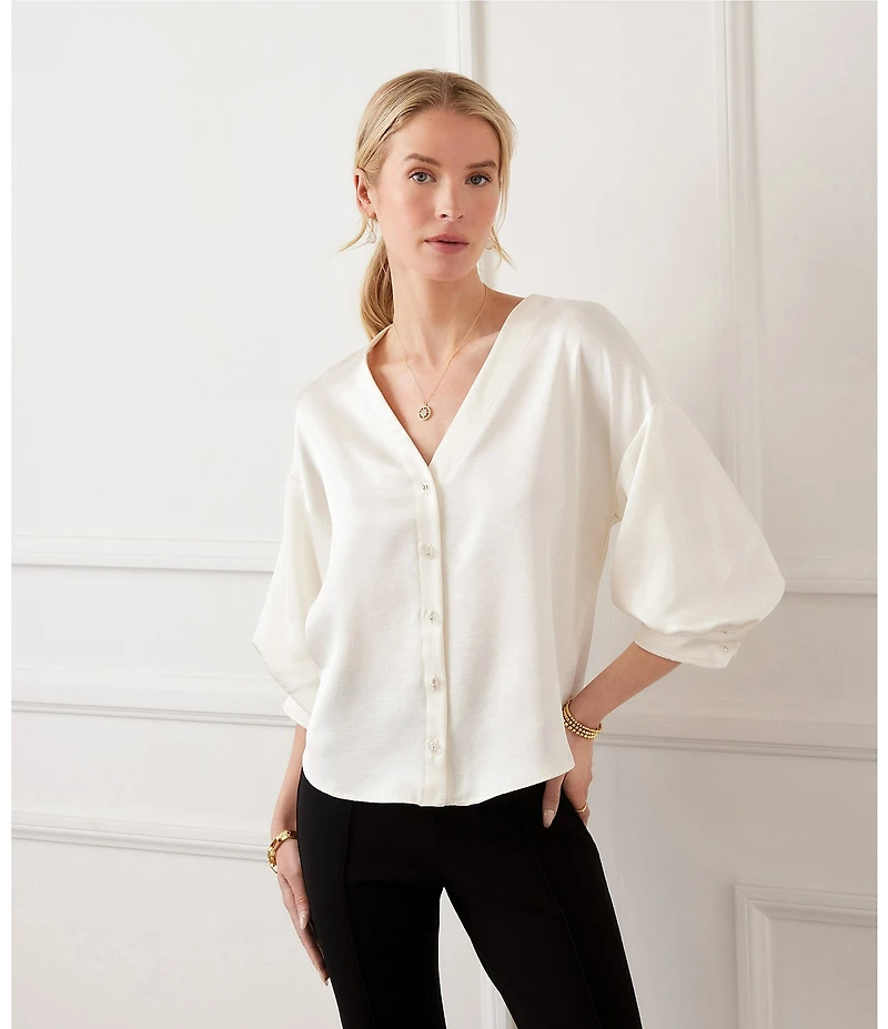 Karen Kane Satin V-Neck 3/4 Lantern Sleeve Rhinestone Button Front Top