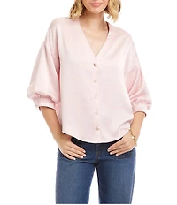Karen Kane Satin V-Neck 3/4 Lantern Sleeve Rhinestone Button Front Top