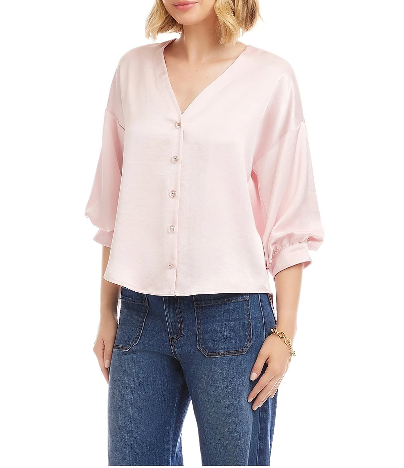 Karen Kane Satin V-Neck 3/4 Lantern Sleeve Rhinestone Button Front Top