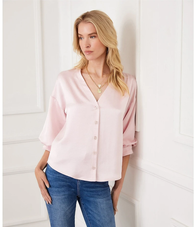 Karen Kane Satin V-Neck 3/4 Lantern Sleeve Rhinestone Button Front Top