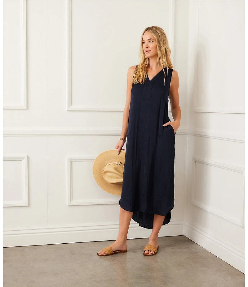 Karen Kane Satin V-Neck Sleeveless Midi Dress