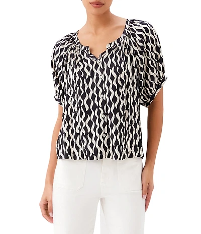Karen Kane Satin Wavy Stripe Scoop Neck Short Raglan Sleeve Button Front Blouse