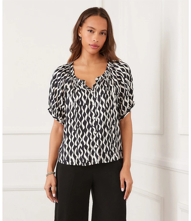 Karen Kane Satin Wavy Stripe Scoop Neck Short Raglan Sleeve Button Front Blouse