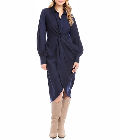Karen Kane Savannah Sateen Collared Long Sleeve Twist Front Tulip Hem Midi Dress