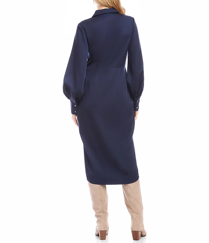 Karen Kane Savannah Sateen Collared Long Sleeve Twist Front Tulip Hem Midi Dress