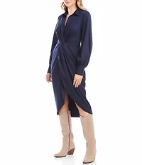 Karen Kane Savannah Sateen Collared Long Sleeve Twist Front Tulip Hem Midi Dress