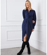 Karen Kane Savannah Sateen Collared Long Sleeve Twist Front Tulip Hem Midi Dress