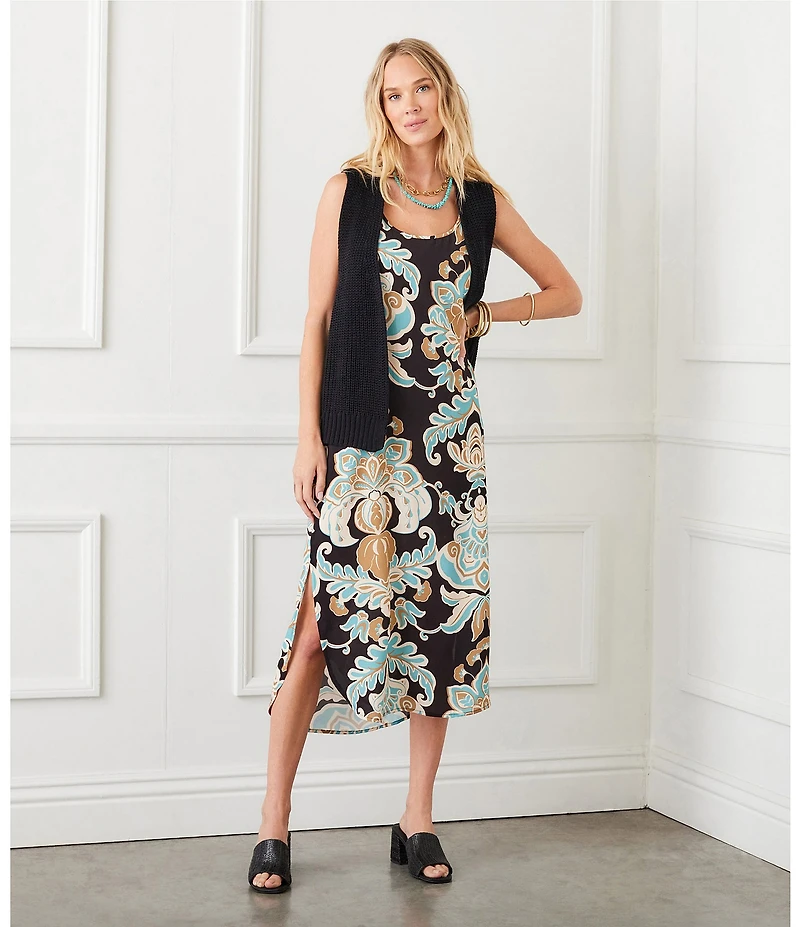 Karen Kane Scoop Neck Printed Side Slit Sleeveless Midi Dress