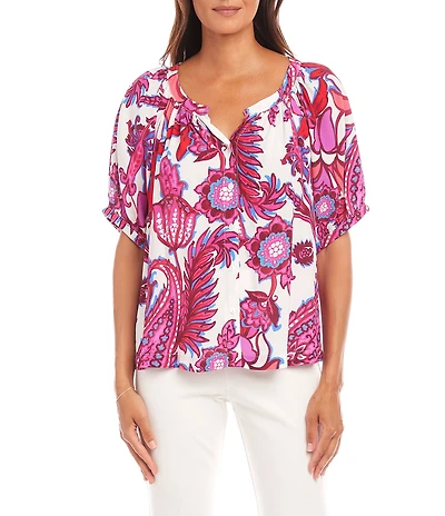 Karen Kane Scoop Neck Short Sleeve Print Peasant Top
