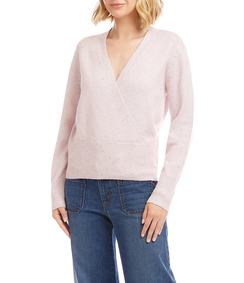 Karen Kane Sequin Knit Long Sleeve Faux Wrap Sweater