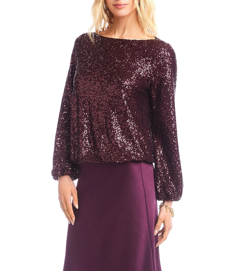 Karen Kane Sequin Mesh Boat Neck Blouson Sleeve Blouse