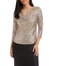 Karen Kane Sequin Mesh Draped Neck 3/4 Sleeve Top