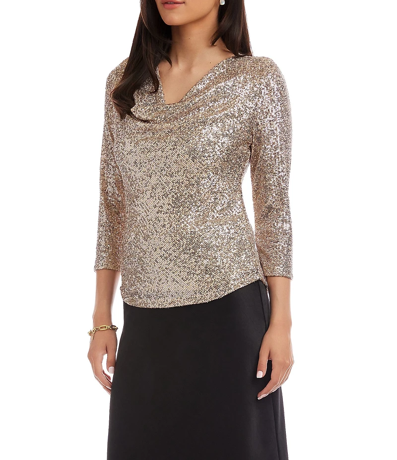 Karen Kane Sequin Mesh Draped Neck 3/4 Sleeve Top