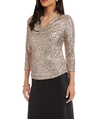 Karen Kane Sequin Mesh Draped Neck 3/4 Sleeve Top