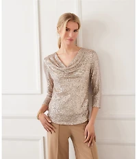 Karen Kane Sequin Mesh Draped Neck 3/4 Sleeve Top