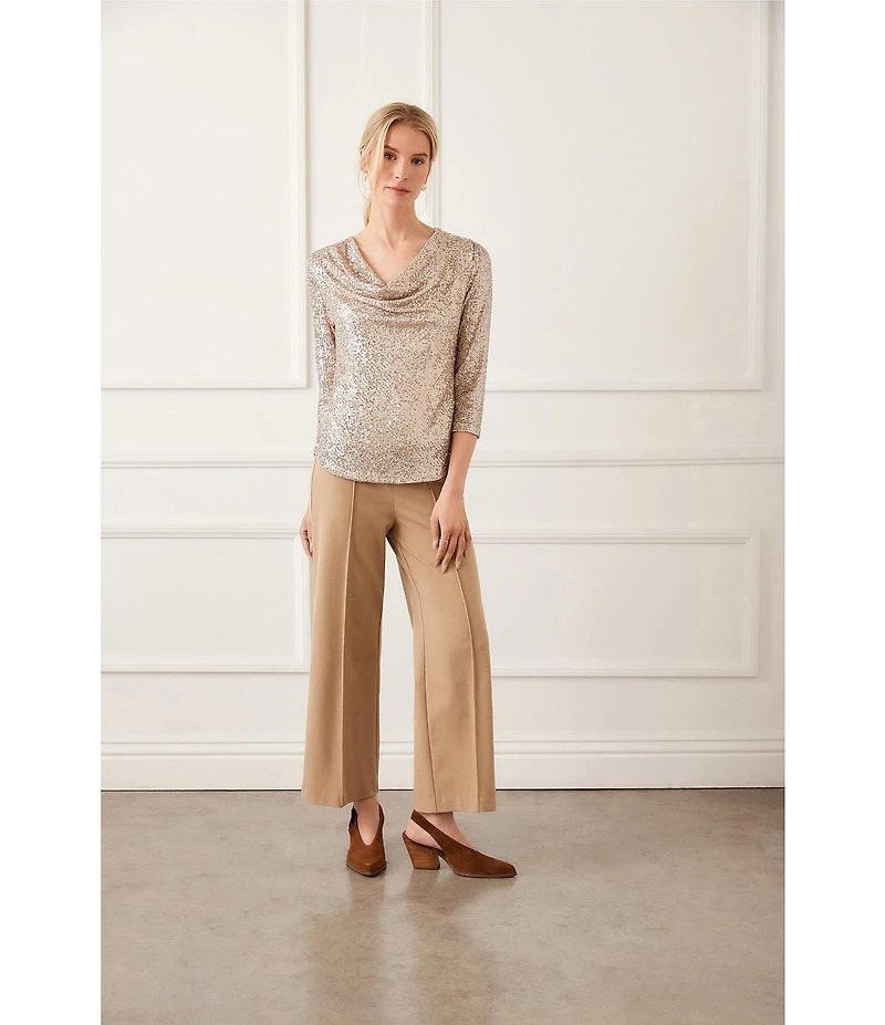 Karen Kane Sequin Mesh Draped Neck 3/4 Sleeve Top