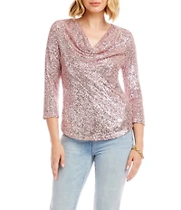 Karen Kane Sequin Mesh Draped Neck 3/4 Sleeve Top