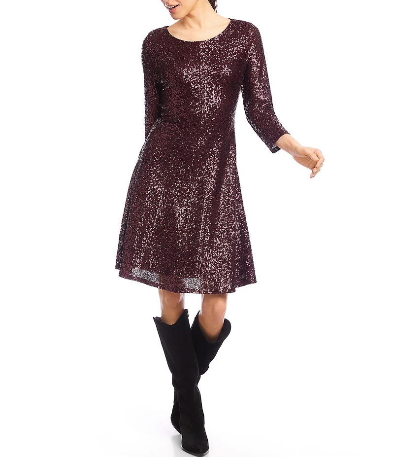Karen Kane Sequin Scoop Neck 3/4 Sleeve Fit And Flare Dress