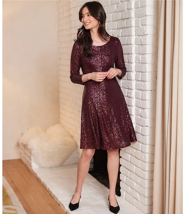 Karen Kane Sequin Scoop Neck 3/4 Sleeve Fit And Flare Dress at