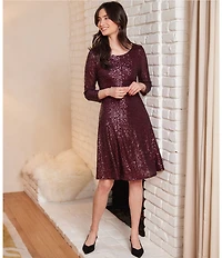 Karen Kane Sequin Scoop Neck 3/4 Sleeve Fit And Flare Dress