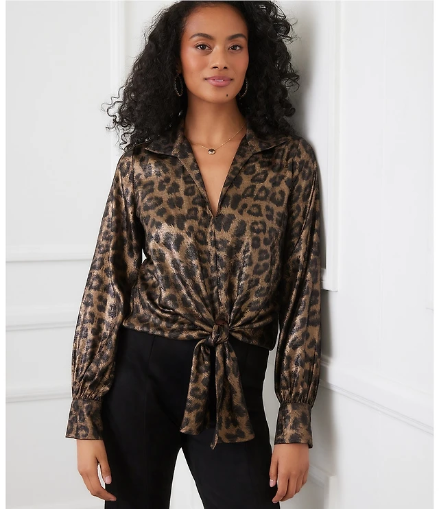 Karen Kane Shimmer Leopard Print Collared V-Neck Long Sleeve Tie