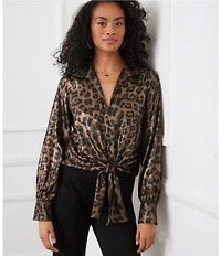 Karen Kane Shimmer Leopard Print Collared V-Neck Long Sleeve Tie Front Blouse