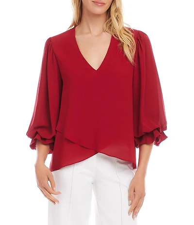 Karen Kane Silky Crepe V-Neck 3/4 Layered Sleeve Crossover Asymmetric Top